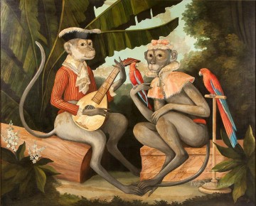 Affe spielt Gitarre und Papageien Lustiges Haustiere Ölgemälde